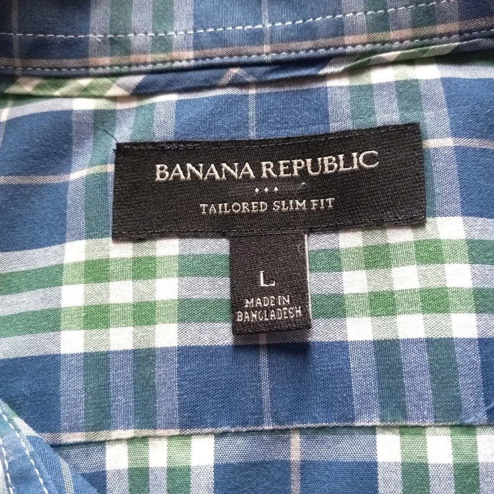 Banana Republic Men's Plaid Shirt Long Sleeve Button Up Sz L Pocket Green/Blue